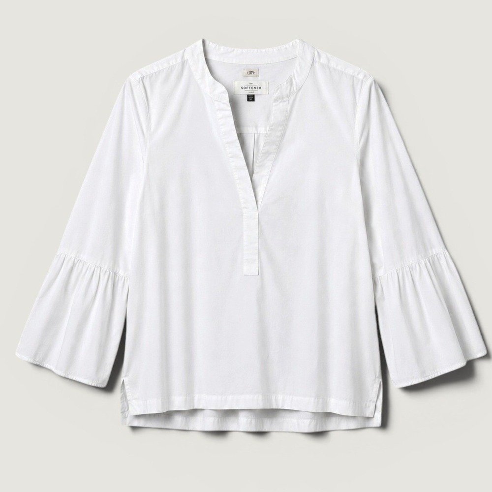LOFT Womens White Cotton Softened Shirt M Bell Sleeve‎ V-Neck Tunic Blouse Boho - Picture 10 of 16